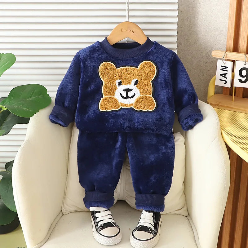 New Winter Baby Boys Clothes Children Cartoon Thick Warm Sleepwear T-Shirt Pants 2Pcs/Sets Toddler Girls Clothing Kids Pajamas