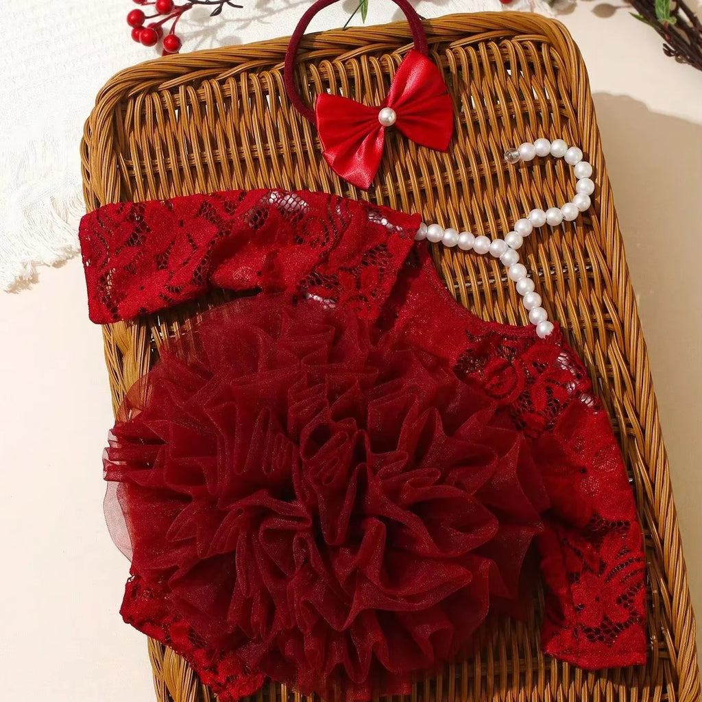 Ylsteed Newborn Lace Flower Headband And Bodysuit Set For 100th Day Baby Photoshoot Outfit Infant Photo Prop Baby Shower Gift-HD