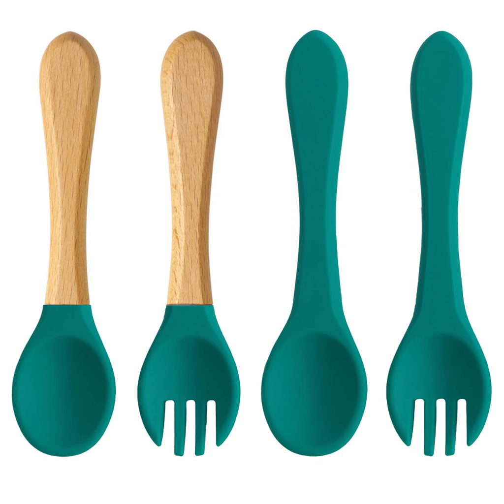 Ensemble de 4 cuillères et fourchettes en silicone Color Kids, sans BPA, avec manches en bois, pour l'apprentissage de l'alimentation des bébés et des nouveau-nés. Accessoires pour nourrissons et nouveau-nés.
