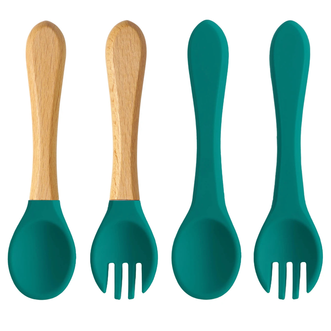 Ensemble de 4 cuillères et fourchettes en silicone Color Kids, sans BPA, avec manches en bois, pour l'apprentissage de l'alimentation des bébés et des nouveau-nés. Accessoires pour nourrissons et nouveau-nés.