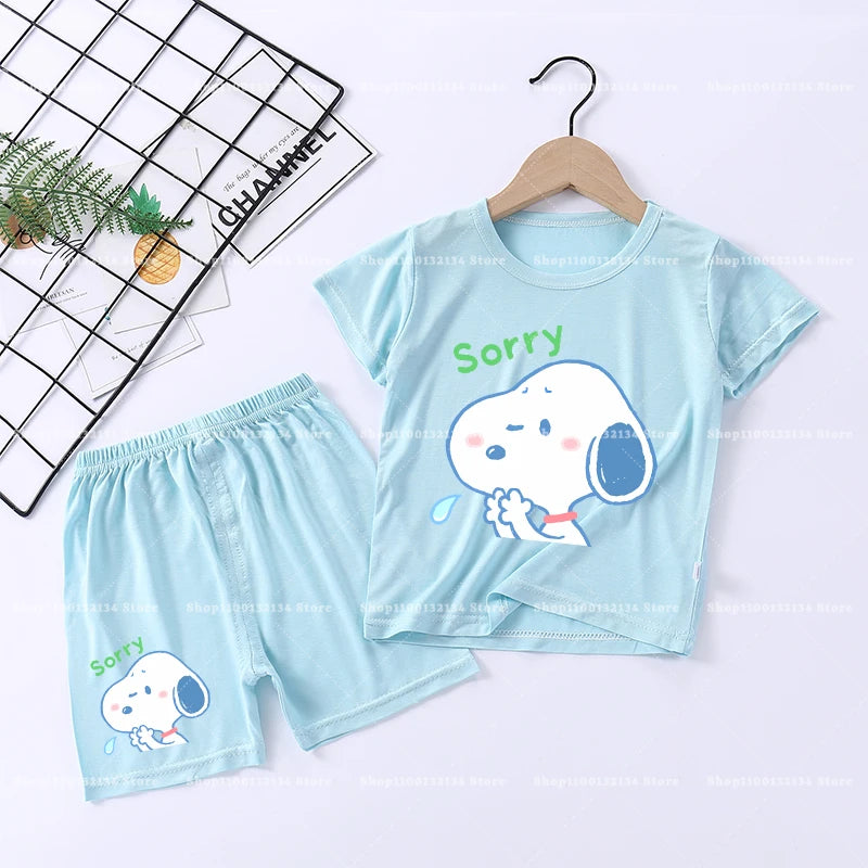 Snoopys Boy Girl Sleepwear Kawaii Cartoon Pyjamas Set Children Cute Home Wear Short Sleeves Shorts Baby Pajamas Summer Clothes