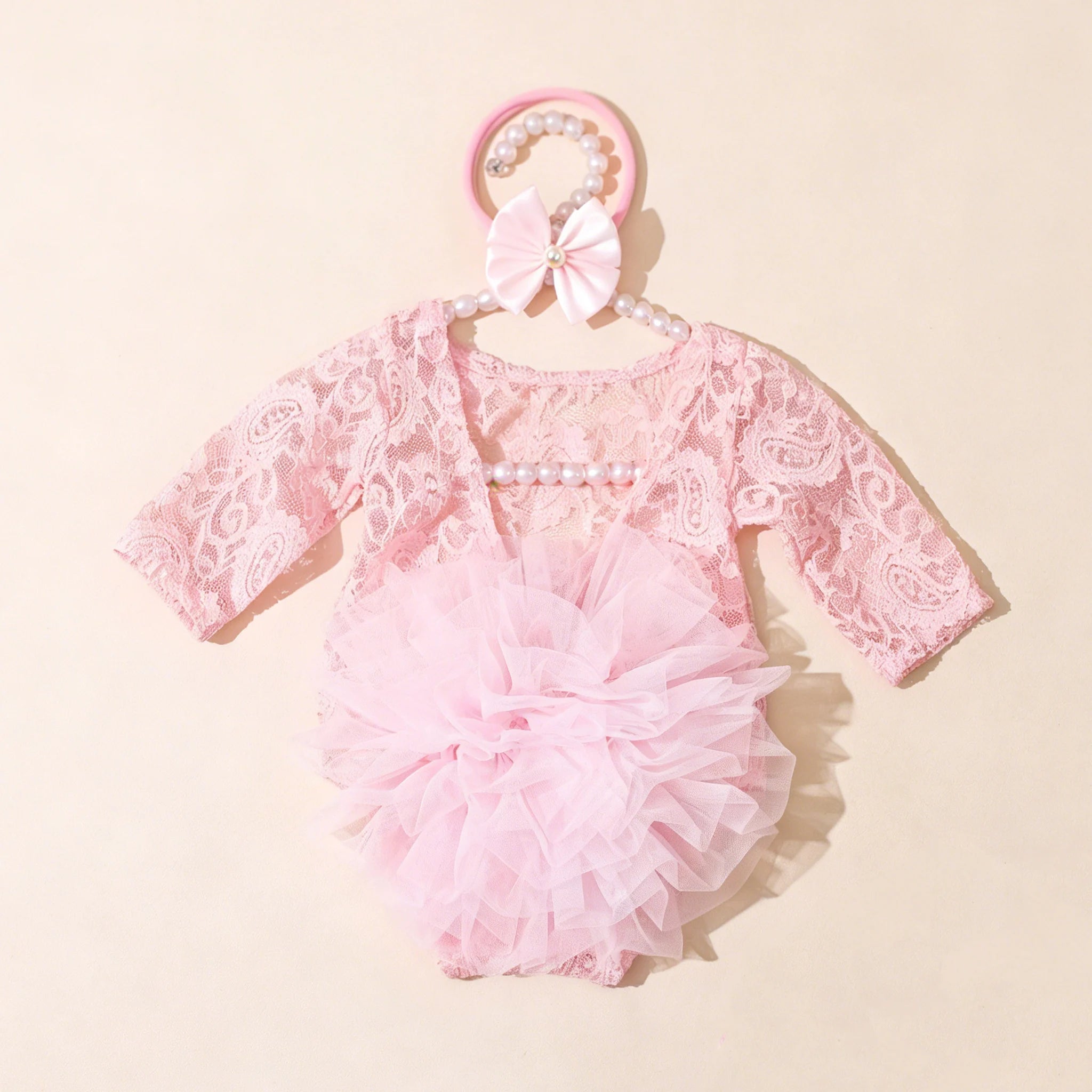 Ylsteed Newborn Lace Flower Headband And Bodysuit Set For 100th Day Baby Photoshoot Outfit Infant Photo Prop Baby Shower Gift-HD