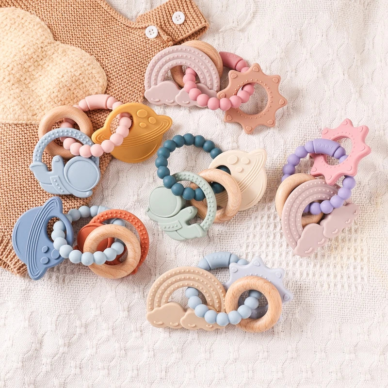 Anneau de dentition en silicone alimentaire (1 pièce), jouet pour bébé de 0 à 12 mois, anneau de dentition sensoriel pour tout-petits, bracelet de dentition planète en silicone. Accessoires inclus.