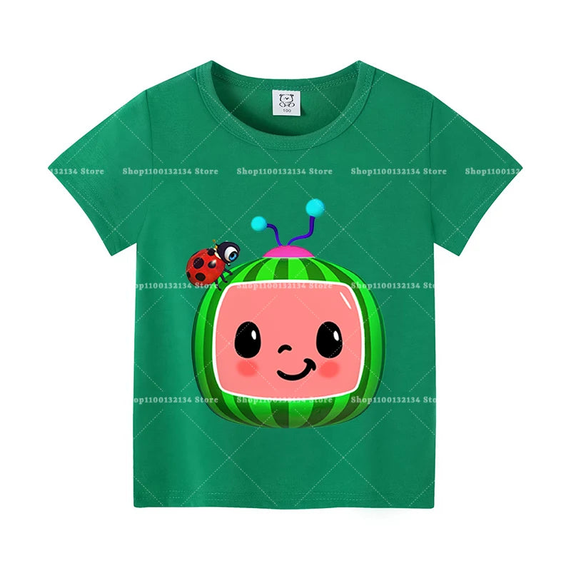 T-shirts Cocomelon pour bébés, manches courtes, en coton, imprimés de dessins animés, pour garçons et filles. Vêtements d'été. Nouveauté.