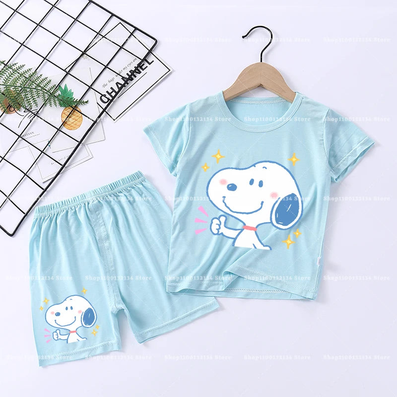 Snoopys Boy Girl Sleepwear Kawaii Cartoon Pyjamas Set Children Cute Home Wear Short Sleeves Shorts Baby Pajamas Summer Clothes