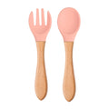 Ensemble de 2 cuillères et fourchettes en silicone pour bébé avec manche en bois - Accessoires d'alimentation pour nourrissons et tout-petits.