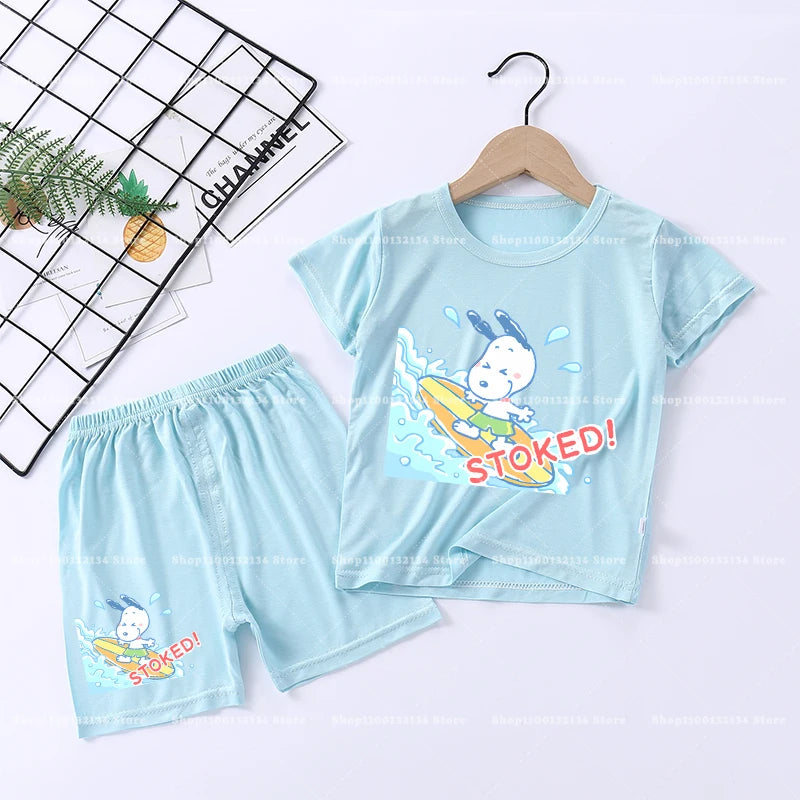 Snoopys Boy Girl Sleepwear Kawaii Cartoon Pyjamas Set Children Cute Home Wear Short Sleeves Shorts Baby Pajamas Summer Clothes
