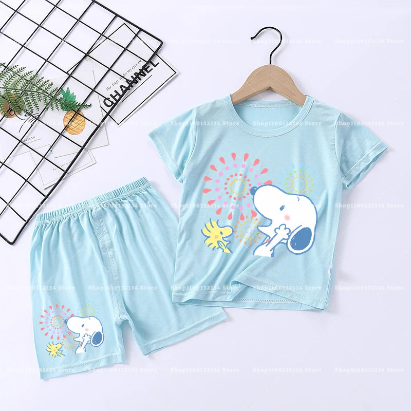Snoopys Boy Girl Sleepwear Kawaii Cartoon Pyjamas Set Children Cute Home Wear Short Sleeves Shorts Baby Pajamas Summer Clothes