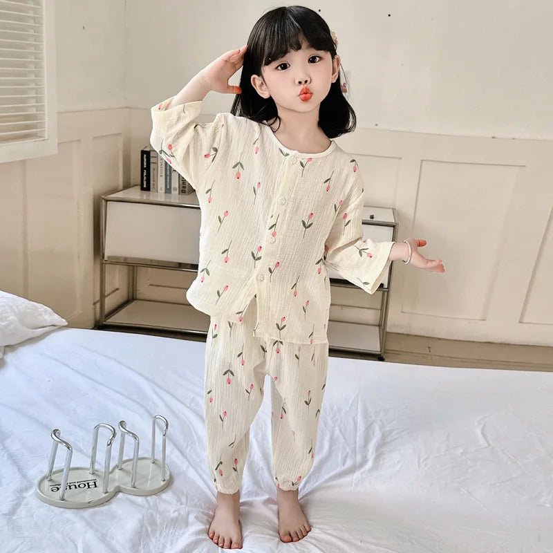 Boys Girls Pajamas Baby Suits Clothes Muslin Cotton Short Sleeve Homewear Children Family Outfits Shirt Tops+Pants 2PC 1-10T