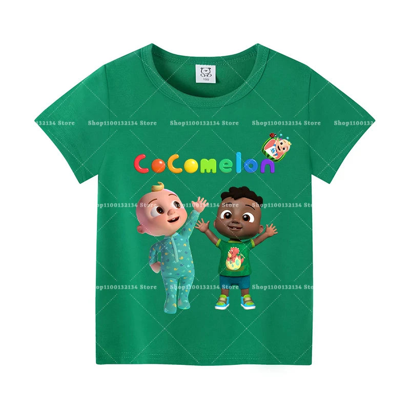 T-shirts Cocomelon pour bébés, manches courtes, en coton, imprimés de dessins animés, pour garçons et filles. Vêtements d'été. Nouveauté.