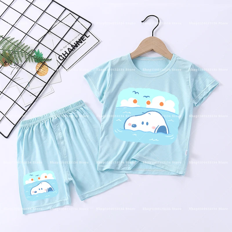 Snoopys Boy Girl Sleepwear Kawaii Cartoon Pyjamas Set Children Cute Home Wear Short Sleeves Shorts Baby Pajamas Summer Clothes