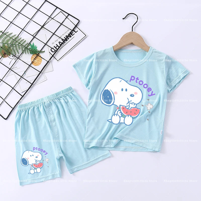 Snoopys Boy Girl Sleepwear Kawaii Cartoon Pyjamas Set Children Cute Home Wear Short Sleeves Shorts Baby Pajamas Summer Clothes