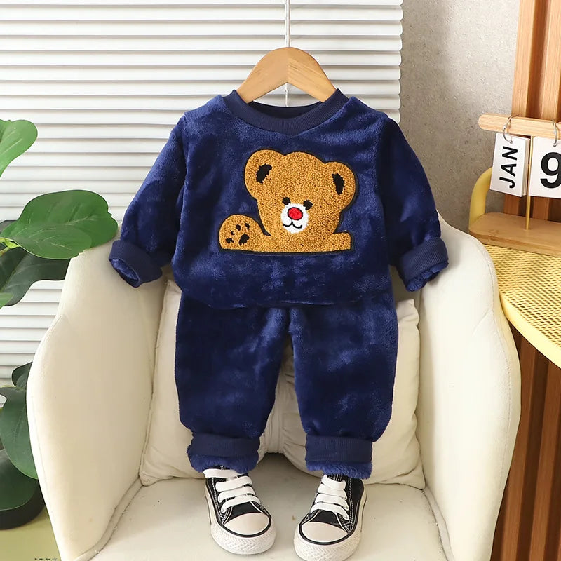 New Winter Baby Boys Clothes Children Cartoon Thick Warm Sleepwear T-Shirt Pants 2Pcs/Sets Toddler Girls Clothing Kids Pajamas