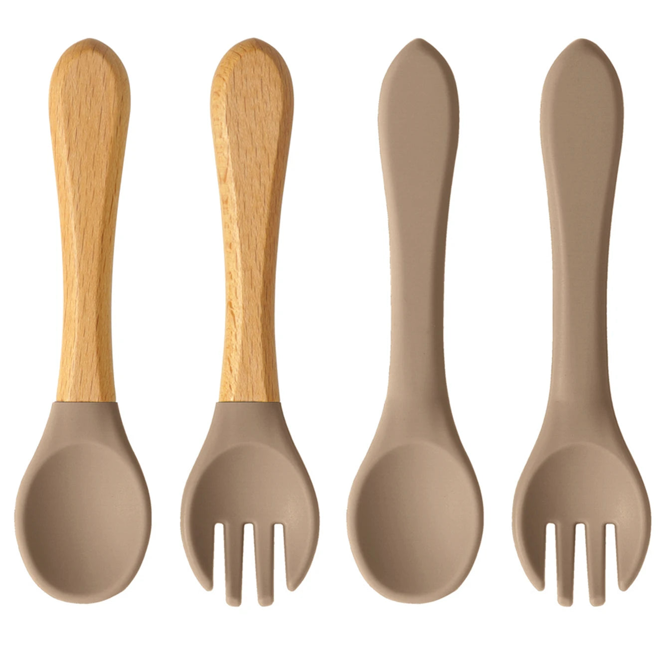 Ensemble de 4 cuillères et fourchettes en silicone Color Kids, sans BPA, avec manches en bois, pour l'apprentissage de l'alimentation des bébés et des nouveau-nés. Accessoires pour nourrissons et nouveau-nés.