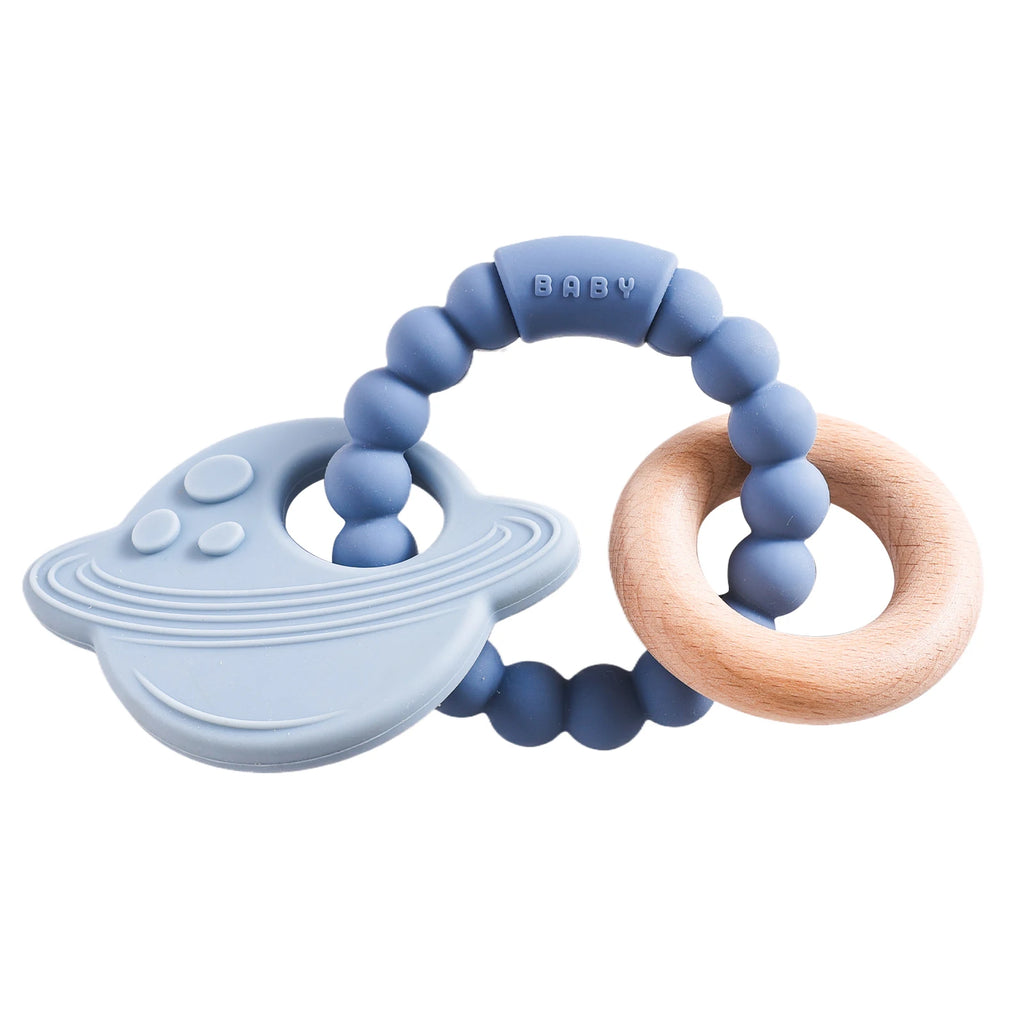 Anneau de dentition en silicone alimentaire (1 pièce), jouet pour bébé de 0 à 12 mois, anneau de dentition sensoriel pour tout-petits, bracelet de dentition planète en silicone. Accessoires inclus.