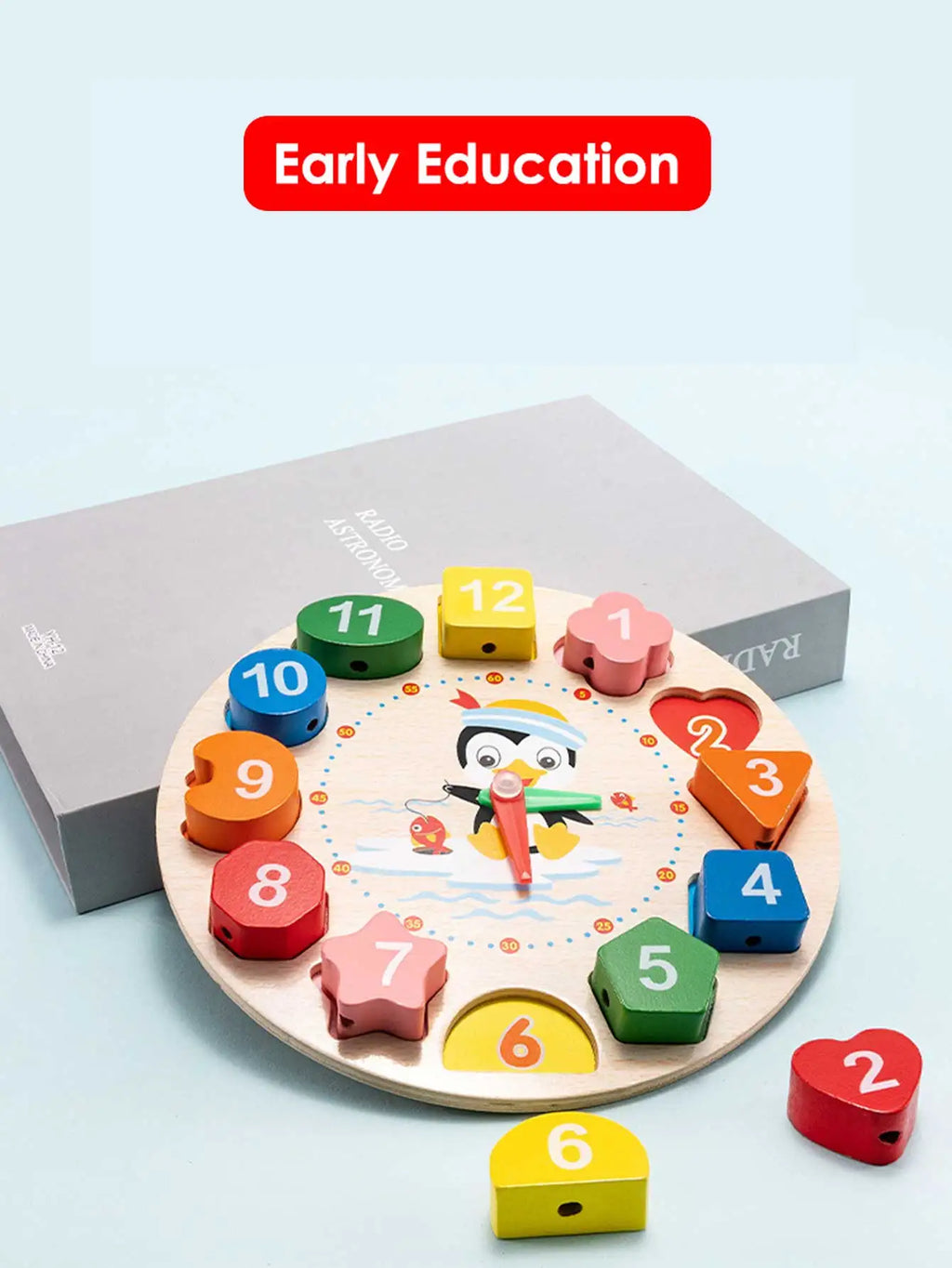 Puzzle horloge en bois Montessori pour apprendre l'heure, trier les formes et les chiffres, jeu d'éveil et de motricité fine (3 ans et plus).