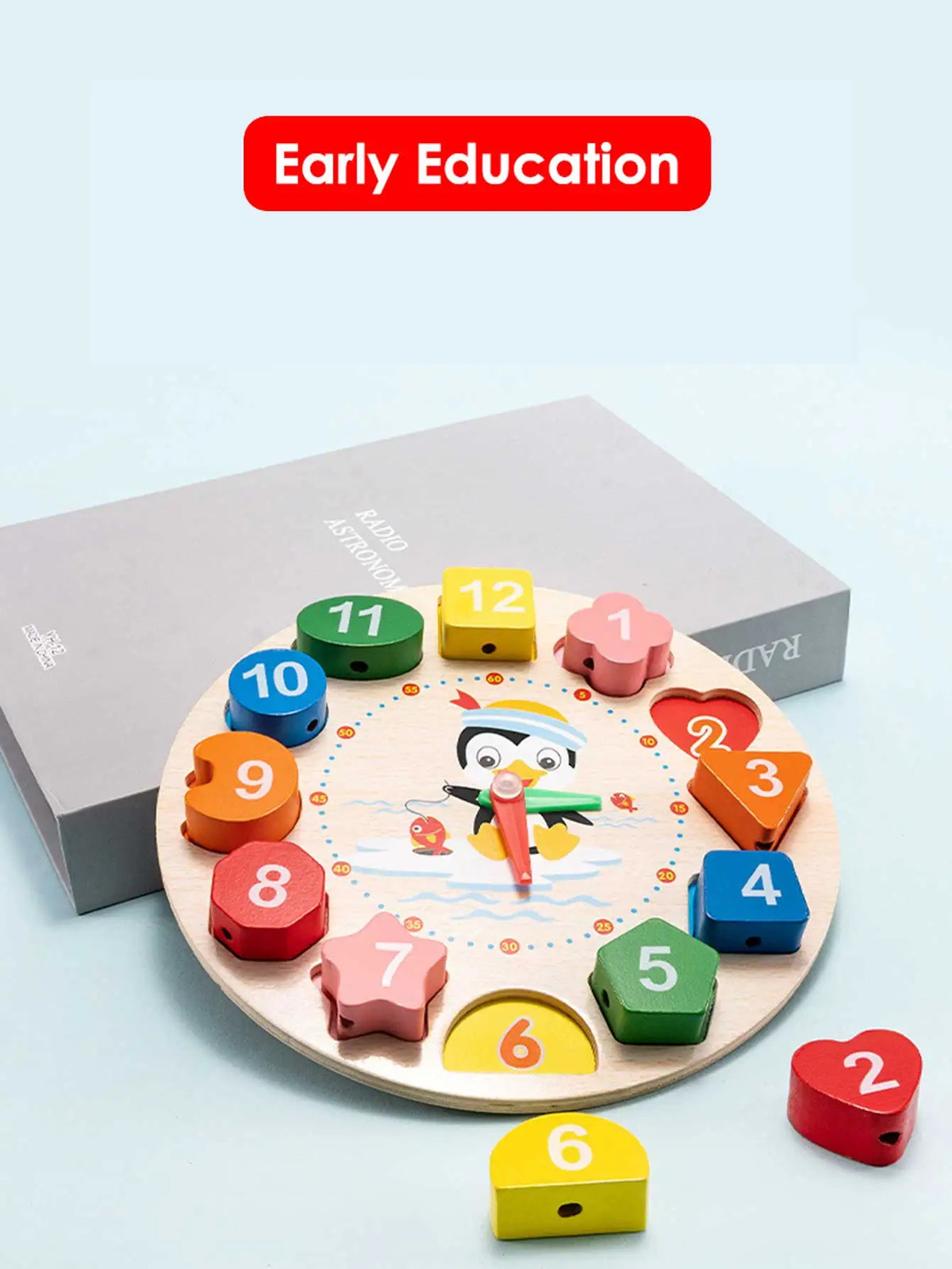 Puzzle horloge en bois Montessori pour apprendre l'heure, trier les formes et les chiffres, jeu d'éveil et de motricité fine (3 ans et plus).