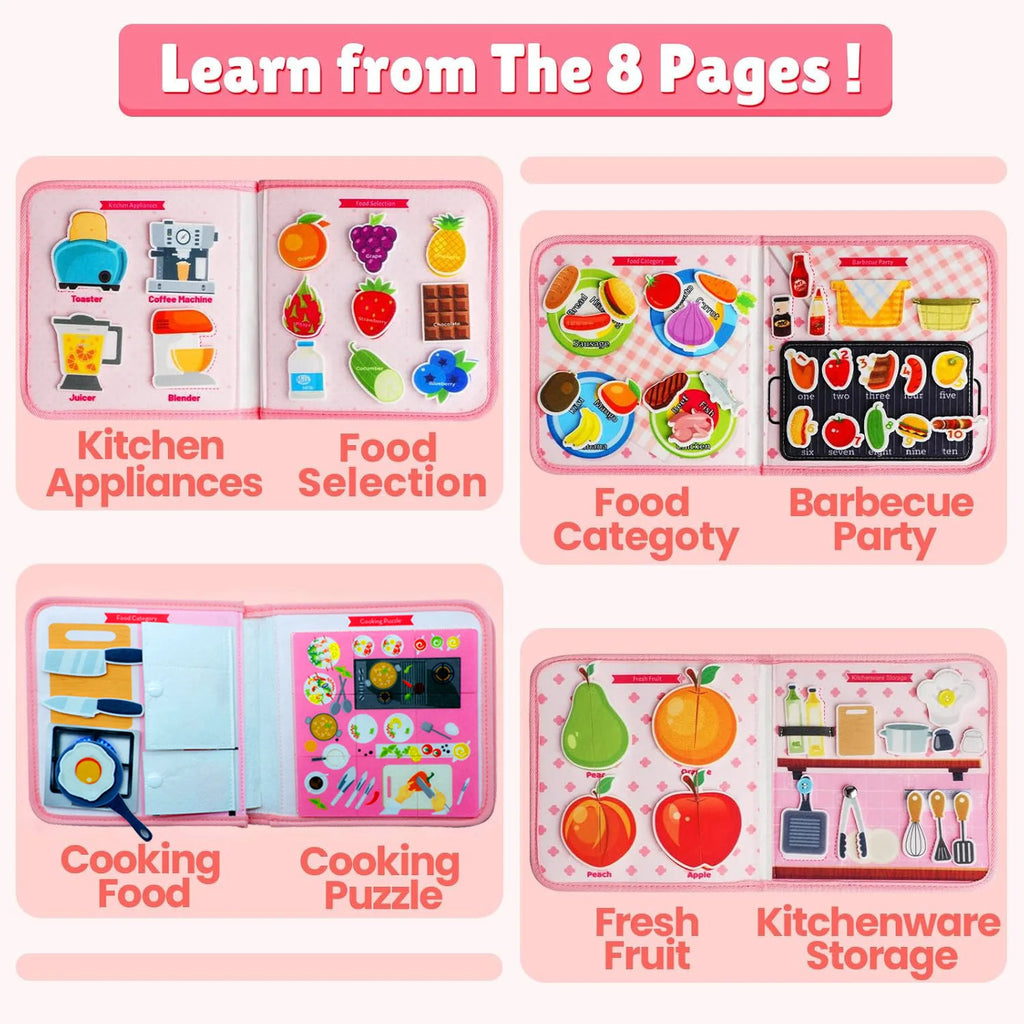 Tableau d'activités Montessori pour tout-petits, livre d'activités, jouets éducatifs et sensoriels pour filles, développement de la motricité, activités préscolaires et de voyage.