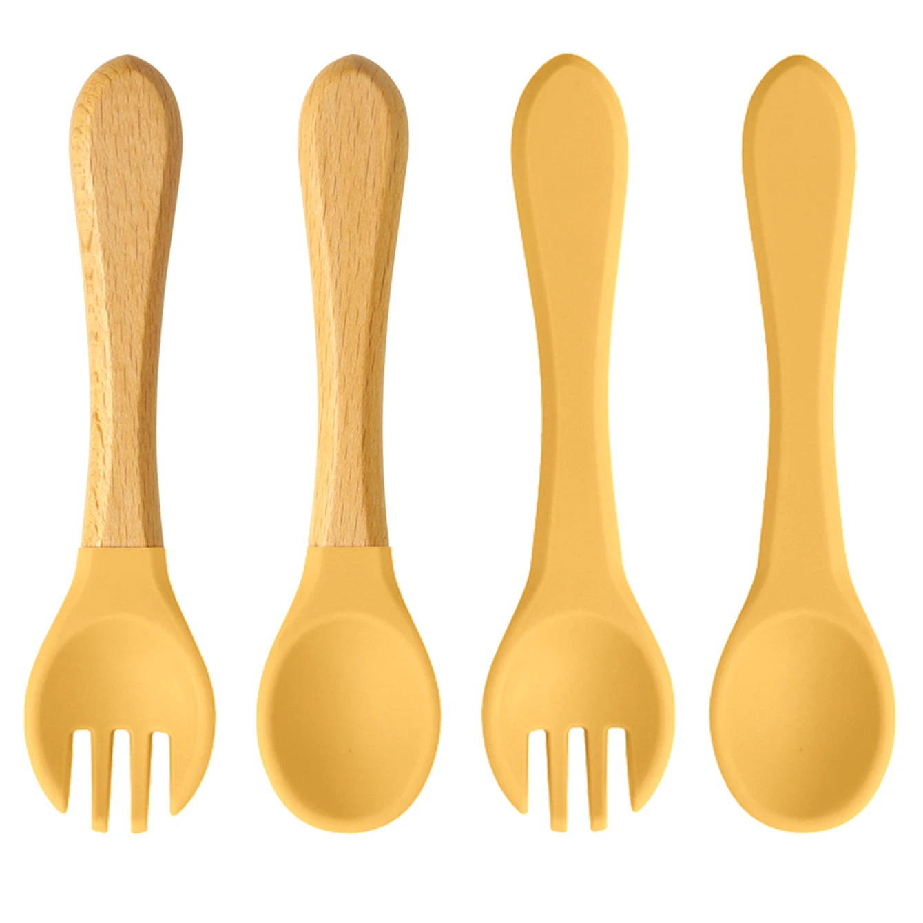 Ensemble de 4 cuillères et fourchettes en silicone Color Kids, sans BPA, avec manches en bois, pour l'apprentissage de l'alimentation des bébés et des nouveau-nés. Accessoires pour nourrissons et nouveau-nés.