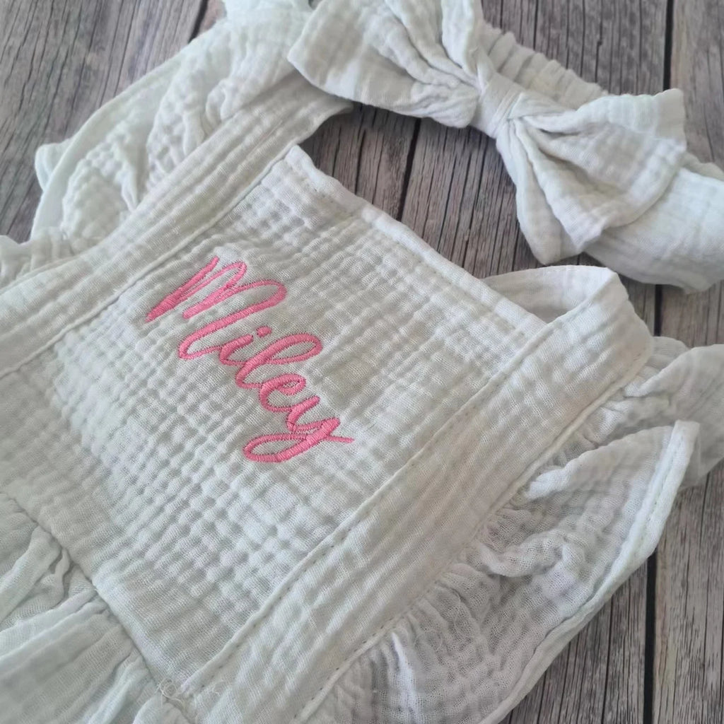Personalized Summer Newborn Infant Baby Girls Romper + Headband Muslin Sleeveless Rompers Kids Onepiece Fashion Baby Clothing