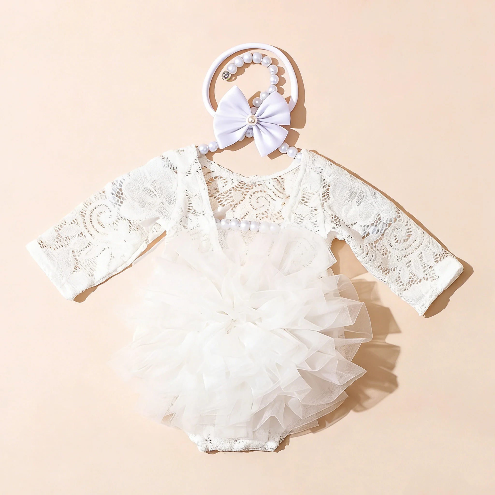 Ylsteed Newborn Lace Flower Headband And Bodysuit Set For 100th Day Baby Photoshoot Outfit Infant Photo Prop Baby Shower Gift-HD