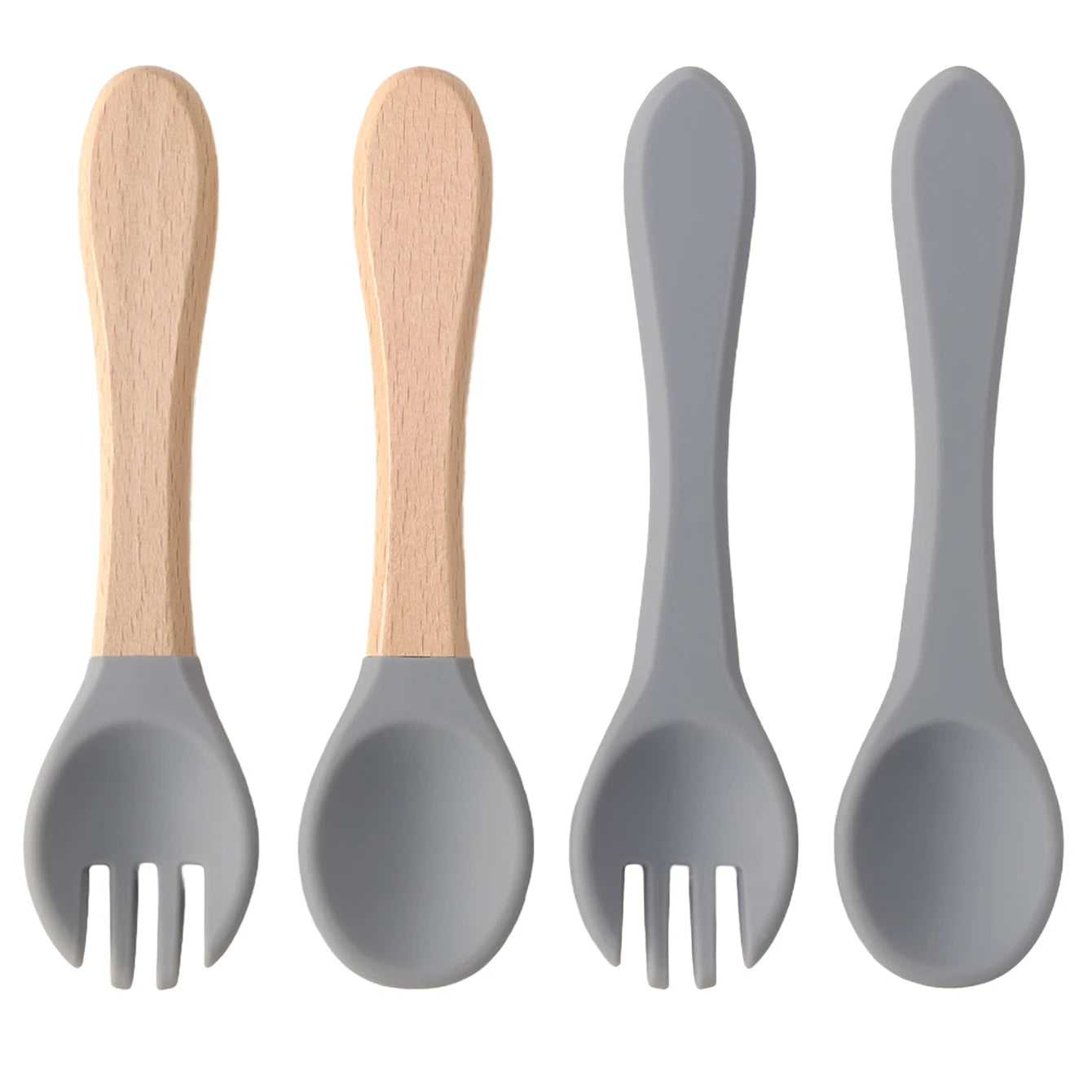 Ensemble de 4 cuillères et fourchettes en silicone Color Kids, sans BPA, avec manches en bois, pour l'apprentissage de l'alimentation des bébés et des nouveau-nés. Accessoires pour nourrissons et nouveau-nés.