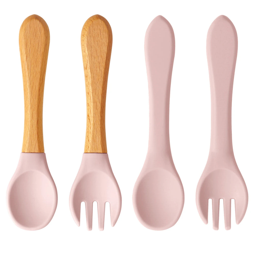 Ensemble de 4 cuillères et fourchettes en silicone Color Kids, sans BPA, avec manches en bois, pour l'apprentissage de l'alimentation des bébés et des nouveau-nés. Accessoires pour nourrissons et nouveau-nés.