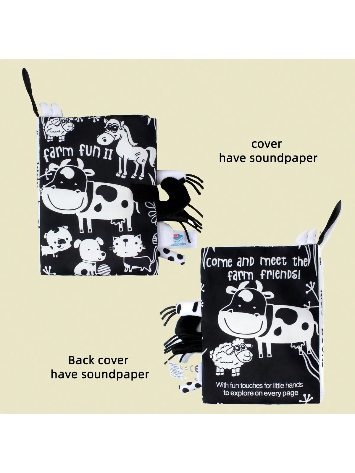 Livre en tissu résistant aux déchirures, avec des animaux noirs et blancs, pour l'éveil des tout-petits et l'apprentissage précoce des sons. Jouet interactif parent-enfant.