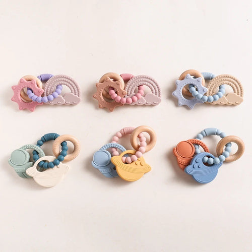 Anneau de dentition en silicone alimentaire (1 pièce), jouet pour bébé de 0 à 12 mois, anneau de dentition sensoriel pour tout-petits, bracelet de dentition planète en silicone. Accessoires inclus.
