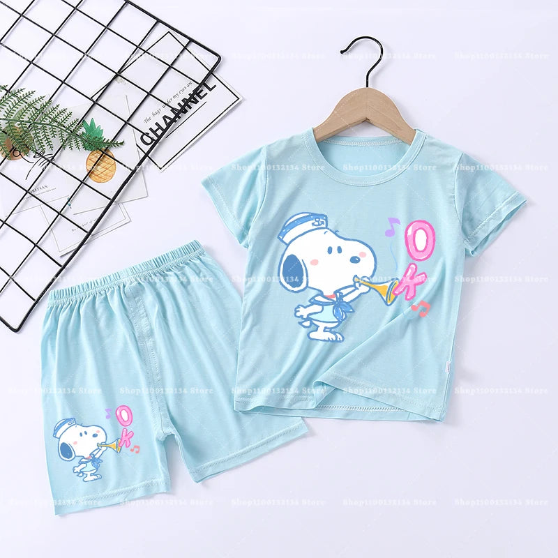 Snoopys Boy Girl Sleepwear Kawaii Cartoon Pyjamas Set Children Cute Home Wear Short Sleeves Shorts Baby Pajamas Summer Clothes