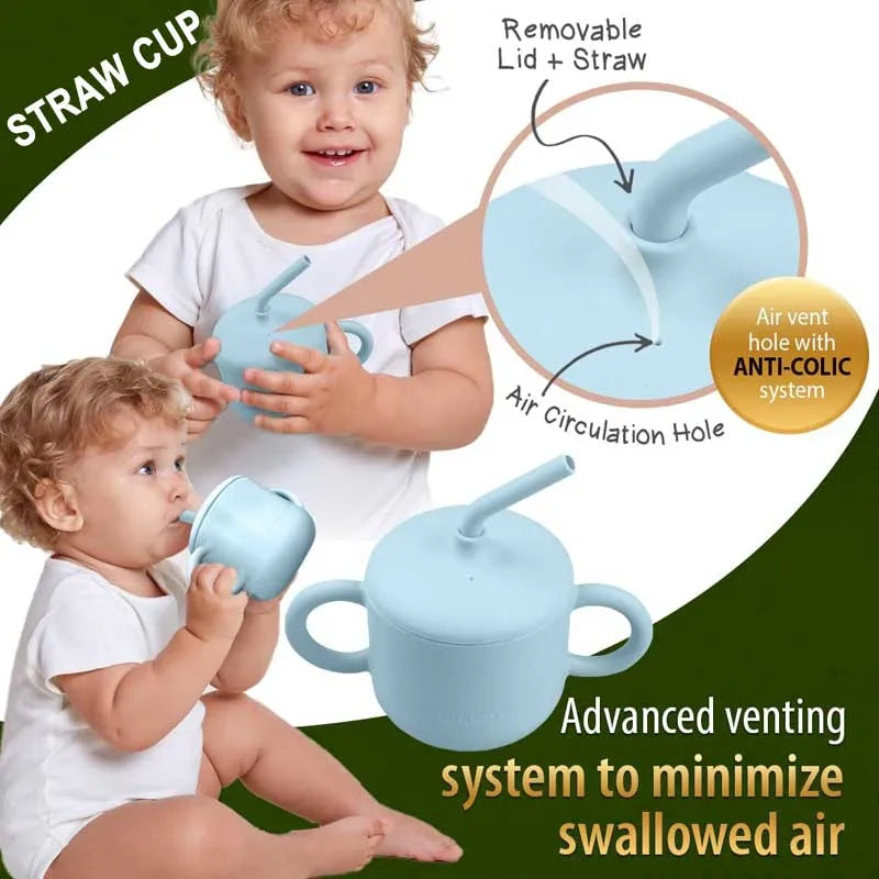 Gobelets d'apprentissage en silicone alimentaire pour bébés, avec prénom et paille.