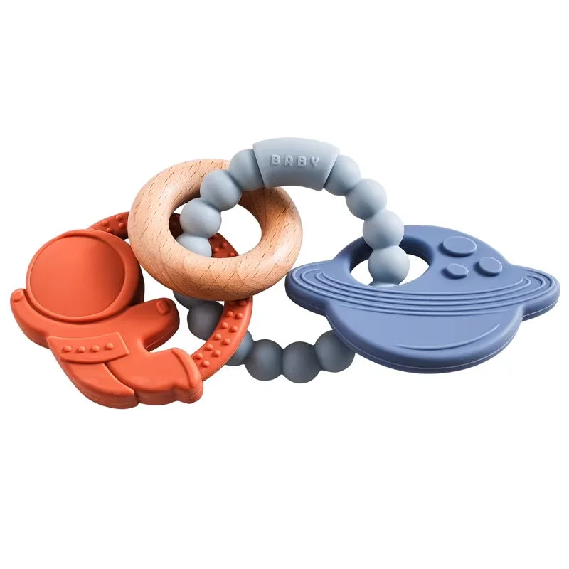 Anneau de dentition en silicone alimentaire (1 pièce), jouet pour bébé de 0 à 12 mois, anneau de dentition sensoriel pour tout-petits, bracelet de dentition planète en silicone. Accessoires inclus.