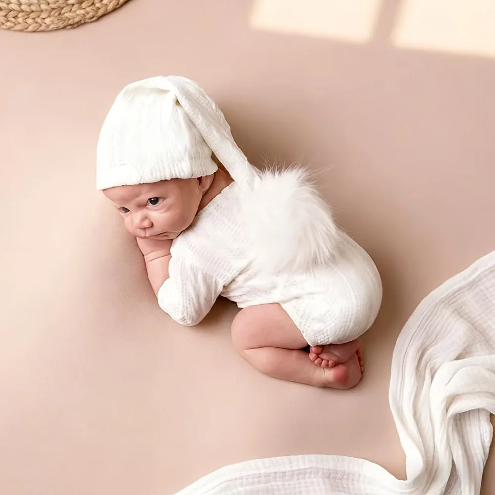 Newborn Photography Props Romper Long Tail Hat Set Soft Knitted Baby Jumpsuit Outfit Infant Photo Shoot Skin-friendly Costume