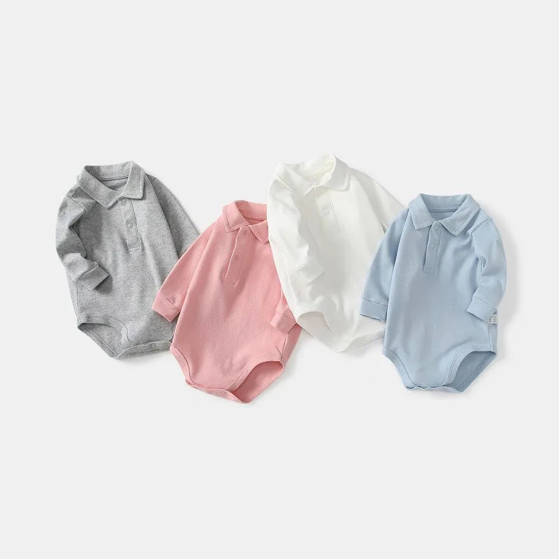 Baby Polo Collar Bodysuit 100% Cotton Long Sleeve Solid Color Onesie Spring Autumn Infant Toddler Romper Newborn Clothing 0-24M