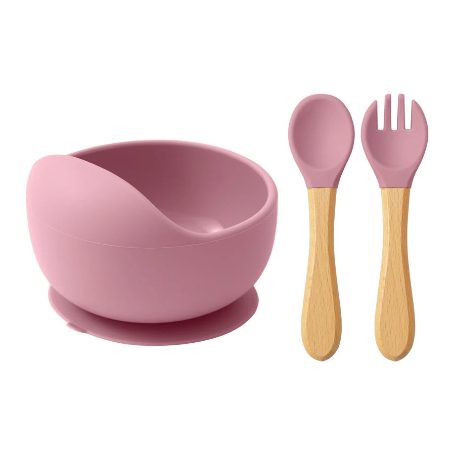 Ensemble d'alimentation pour bébé Mamaplan 3 pièces en silicone : bol à ventouse, cuillère et fourchette d'apprentissage, assiette et accessoires pour bébé.