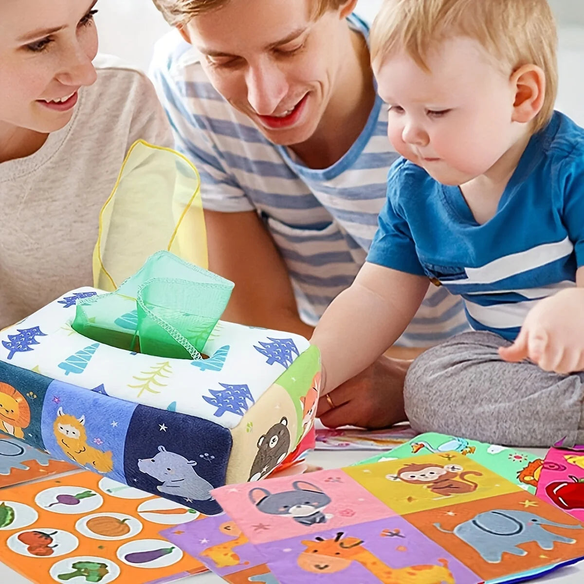 Jouet Montessori pour bébé, boîte à mouchoirs magique, jeu d'éveil sensoriel et éducatif pour enfants, jeu d'activités pour la motricité fine et le développement des doigts.