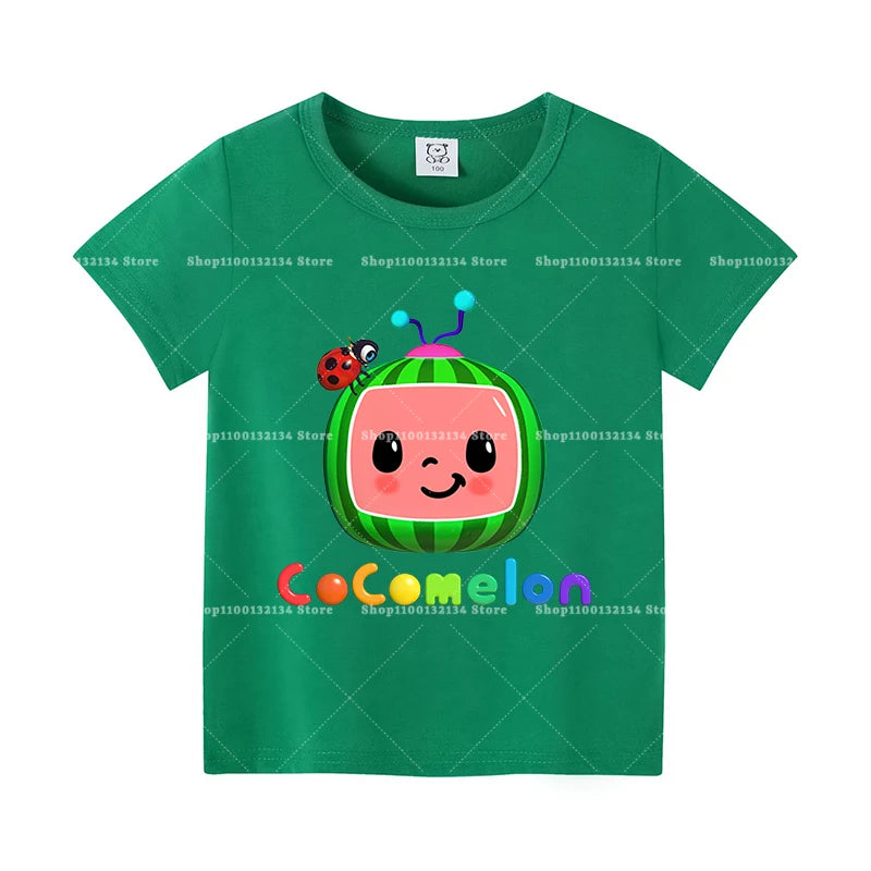T-shirts Cocomelon pour bébés, manches courtes, en coton, imprimés de dessins animés, pour garçons et filles. Vêtements d'été. Nouveauté.