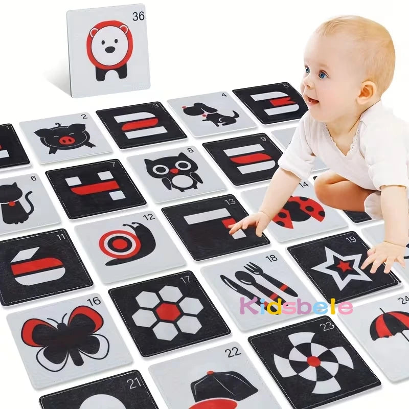 Carte Montessori en tissu doux à contraste élevé, jouet de stimulation visuelle noir et blanc pour l'apprentissage des nouveau-nés.