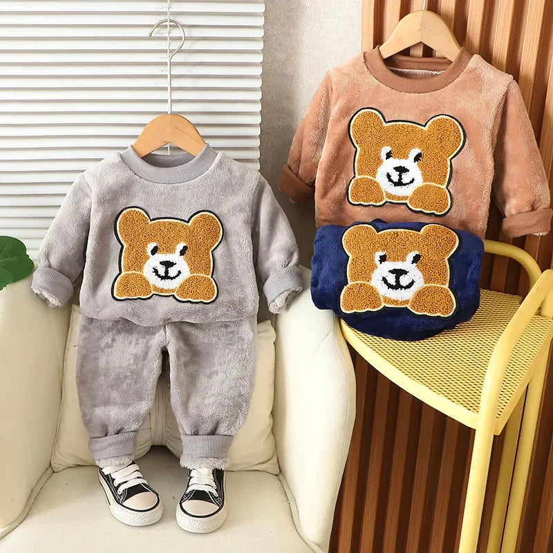 New Winter Baby Boys Clothes Children Cartoon Thick Warm Sleepwear T-Shirt Pants 2Pcs/Sets Toddler Girls Clothing Kids Pajamas