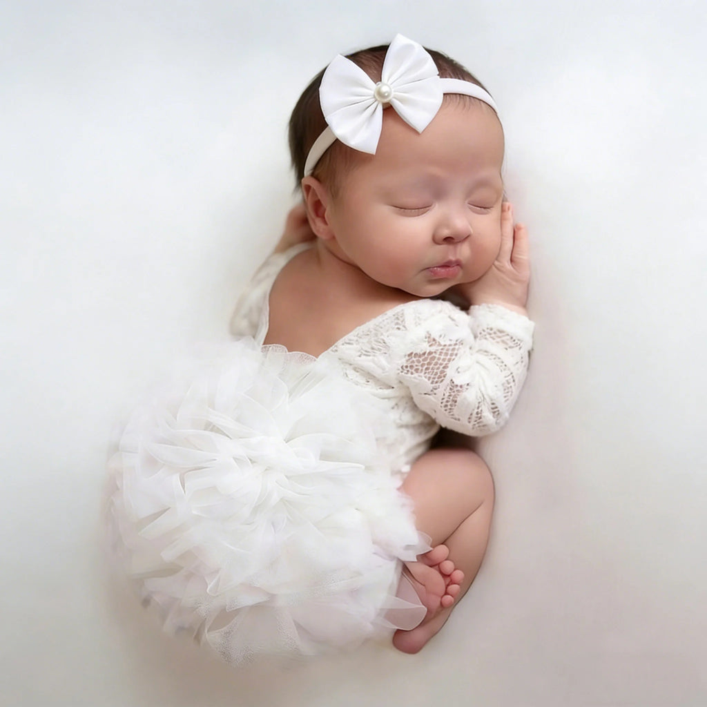 Ylsteed Newborn Lace Flower Headband And Bodysuit Set For 100th Day Baby Photoshoot Outfit Infant Photo Prop Baby Shower Gift-HD