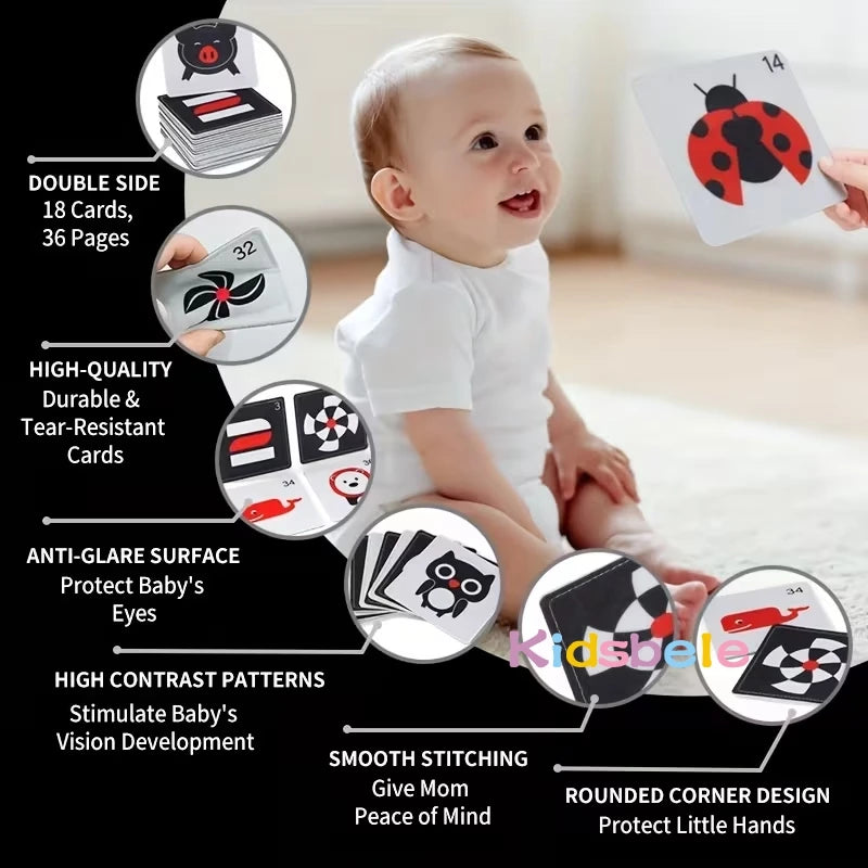 Carte Montessori en tissu doux à contraste élevé, jouet de stimulation visuelle noir et blanc pour l'apprentissage des nouveau-nés.