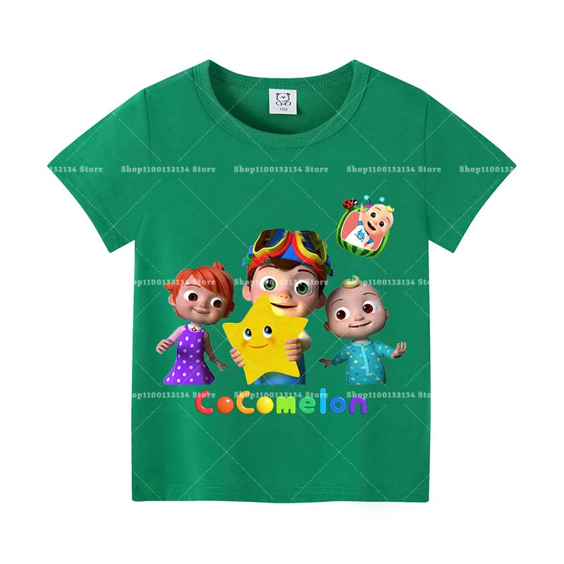 T-shirts Cocomelon pour bébés, manches courtes, en coton, imprimés de dessins animés, pour garçons et filles. Vêtements d'été. Nouveauté.