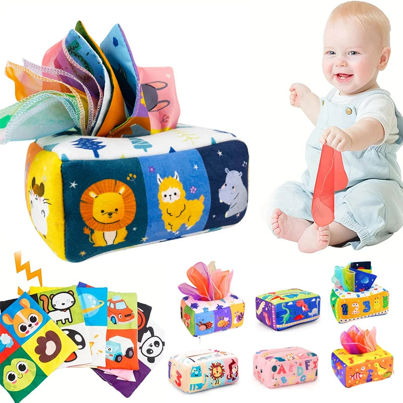 Jouet Montessori pour bébé, boîte à mouchoirs magique, jeu d'éveil sensoriel et éducatif pour enfants, jeu d'activités pour la motricité fine et le développement des doigts.