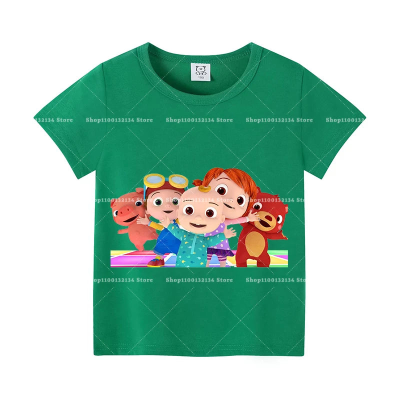 T-shirts Cocomelon pour bébés, manches courtes, en coton, imprimés de dessins animés, pour garçons et filles. Vêtements d'été. Nouveauté.