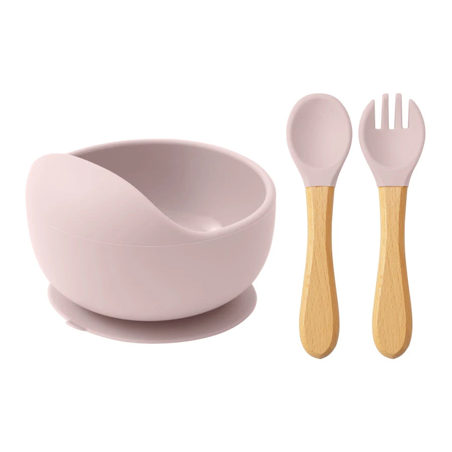 Ensemble d'alimentation pour bébé Mamaplan 3 pièces en silicone : bol à ventouse, cuillère et fourchette d'apprentissage, assiette et accessoires pour bébé.