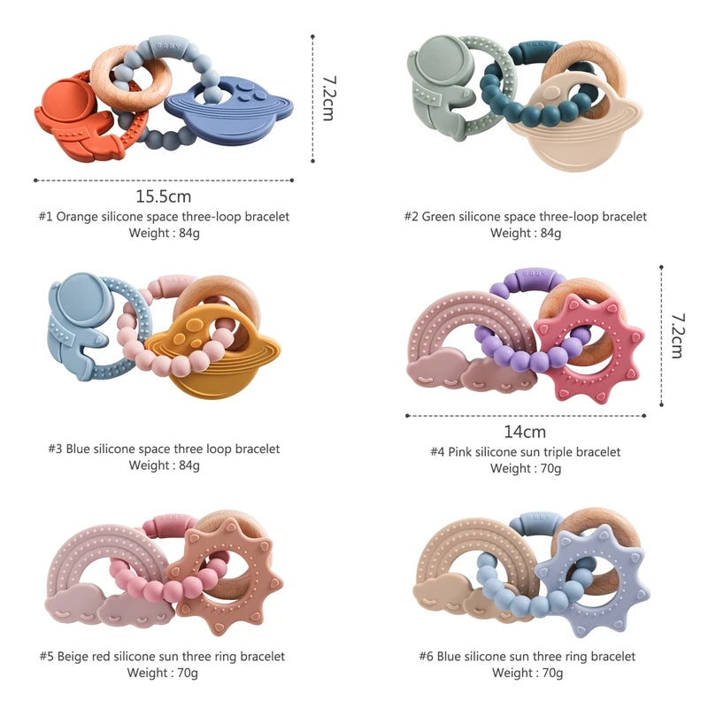 Anneau de dentition en silicone alimentaire (1 pièce), jouet pour bébé de 0 à 12 mois, anneau de dentition sensoriel pour tout-petits, bracelet de dentition planète en silicone. Accessoires inclus.