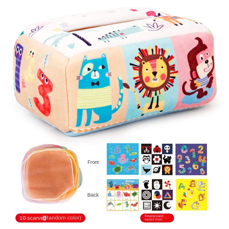 Jouet Montessori pour bébé, boîte à mouchoirs magique, jeu d'éveil sensoriel et éducatif pour enfants, jeu d'activités pour la motricité fine et le développement des doigts.