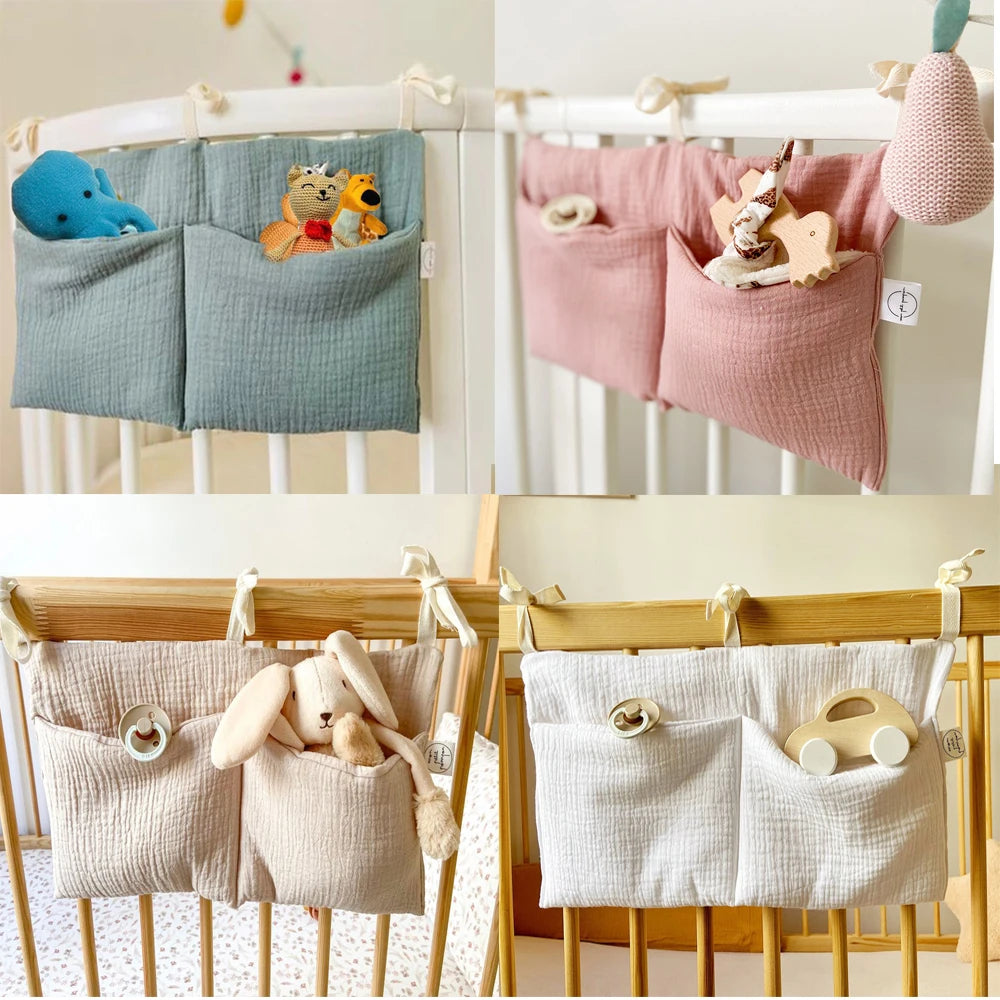 Organisateur de lit bébé, sac de rangement pour lit bébé à 2 poches, sac à couches suspendu pour bébé, sac à jouets pour bébé, rangement pour poussette.