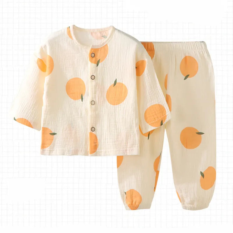 Boys Girls Pajamas Baby Suits Clothes Muslin Cotton Short Sleeve Homewear Children Family Outfits Shirt Tops+Pants 2PC 1-10T