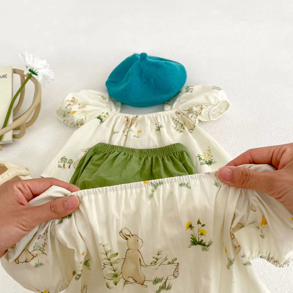 Ensemble 2 pièces « Ma sœur et moi » pour nouveau-né : body ou vêtement princesse à manches bouffantes et imprimé lapin, avec nœud, en pur coton pour bébé fille.